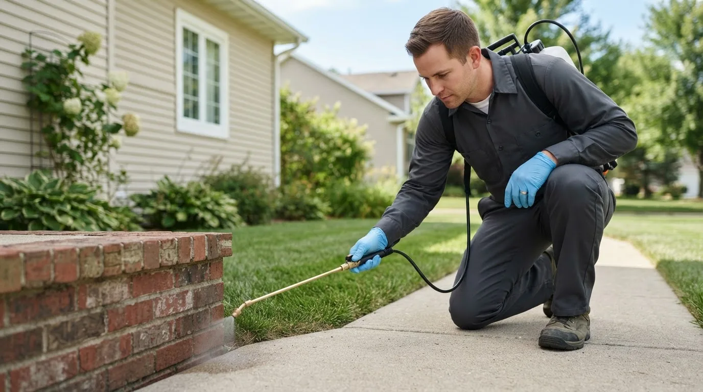 Pest control technician treating a home near Greentown, IN