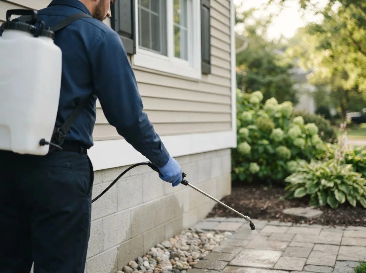 Pest control technician inspecting a home in Greentown, IN